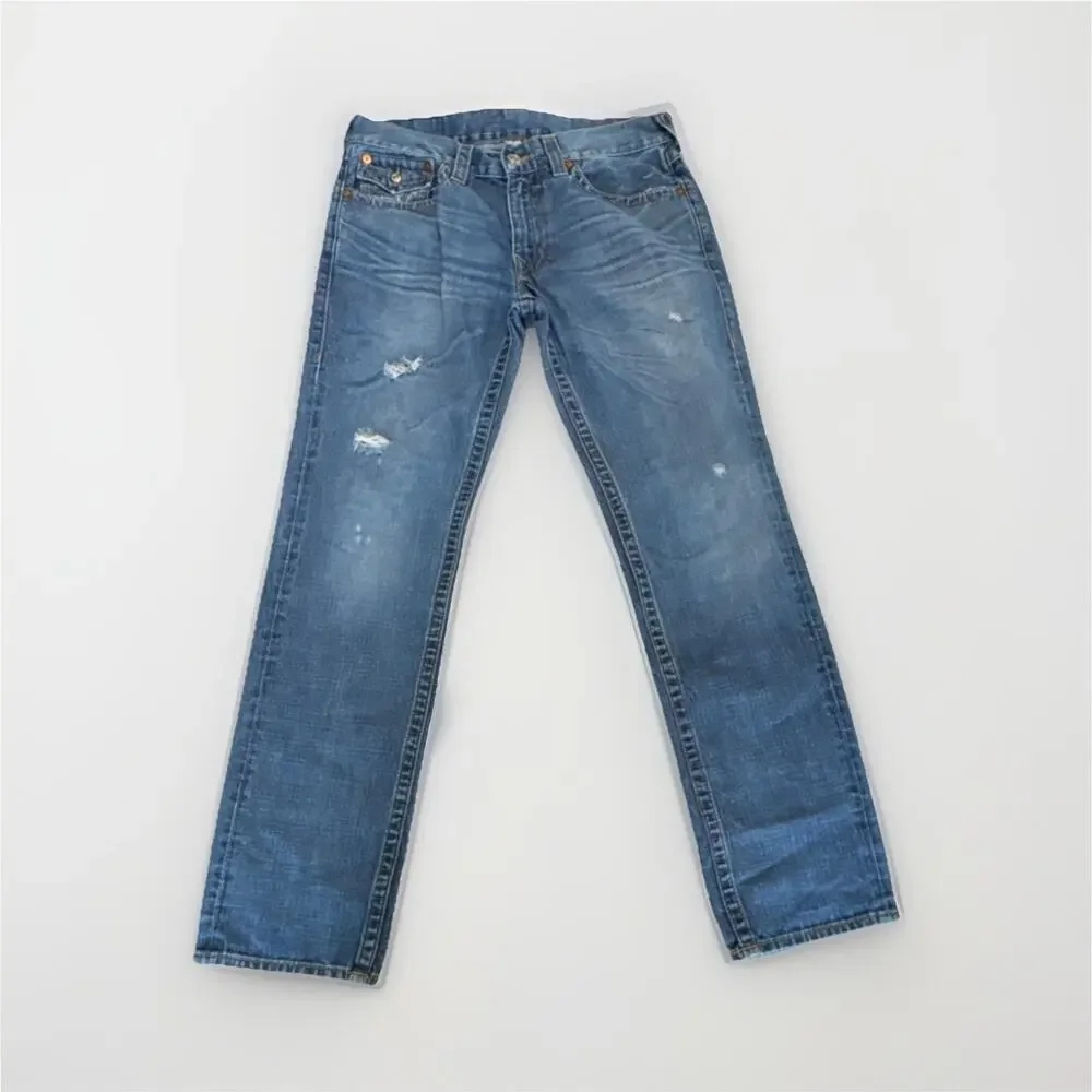 True Religion World Tour Slim Fit Distressed Blue‎ Denim Jeans Flap Pocket 33x33